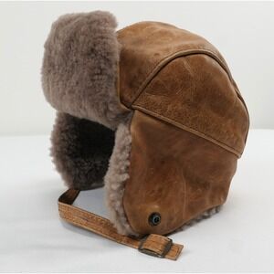 VTG Distressed Brown Leather Shearling Aviator Trapper Hat USA Made Mens L